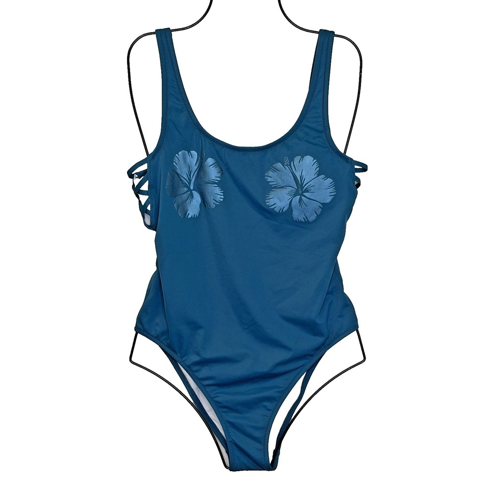 PINK Victoria's Secret One Piece Swimsuit Size Medium Teal Hibiscus Cut Out Side